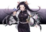  1girl belt black_hair bug butterfly commentary_request cowboy_shot demon_slayer_uniform haori highres japanese_clothes kazuto_(kazu_one_a) kimetsu_no_yaiba kochou_shinobu long_hair smile solo sword weapon white_belt 