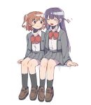  2girls =_= afterimage aijou_karen arms_at_sides black_socks blunt_bangs blush bow bowtie breast_pocket brown_eyes brown_footwear brown_hair closed_eyes closed_mouth collared_shirt crown_hair_ornament expressive_hair full_body grey_skirt hair_ornament hairclip highres jacket kneehighs loafers long_hair long_sleeves looking_at_another looking_to_the_side miniskirt motion_lines multiple_girls open_clothes open_jacket open_mouth pleated_skirt pocket purple_hair raised_eyebrows red_bow red_bowtie rei931218 school_uniform seishou_music_academy_uniform shirt shirt_tucked_in shoes short_hair shoujo_kageki_revue_starlight side-by-side sidelocks simple_background sitting skirt smile socks tsuyuzaki_mahiru two_side_up white_background white_shirt 
