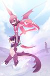  ambiguous_gender armpits blue_eyes blurred_background clothing detailed_background fish flying hair hi_res hoodie horn human mako_(rudragon) mammal marine open_mouth pink_hair purple_hair ru_(rudragon) rudragon shark snow wings yellow_sclera 