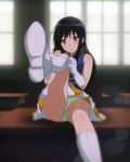  adjusting_clothes adjusting_legwear band_uniform black_hair blurry blush boots depth_of_field desk gloves green_panties hibike!_euphonium knee_boots kousaka_reina leg_up long_hair looking_at_viewer no_hat no_headwear panties purple_eyes putting_on_boots putting_on_shoes sbel02 shoe_pull solo thighs underwear white_footwear white_gloves white_legwear 