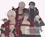  2boys arm_around_shoulder artist_name black_gloves blonde_hair blue_shirt brown_coat chest_strap chibi closed_eyes coat cosplay dante_(devil_may_cry) dante_(devil_may_cry)_(cosplay) devil_may_cry_(series) fingerless_gloves gloves hair_between_eyes hand_in_own_hair holding holding_spoon jacket leon_s._kennedy leon_s._kennedy_(cosplay) long_sleeves male_focus multiple_boys muscular muscular_male musical_note parted_bangs red_jacket resident_evil sardine_(kjr0313) shirt short_hair smile spoon strawberry_parfait turtleneck upper_body white_hair 