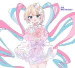  1girl :d anniversary blonde_hair blue_eyes blue_hair bouquet bow chouzetsusaikawa_tenshi-chan cowboy_shot dress flower hair_bow hashtag_only_commentary holding holding_bouquet kabe_(zp66104) long_hair looking_at_viewer multicolored_hair needy_girl_overdose official_alternate_costume open_mouth pink_hair purple_bow quad_tails simple_background smile solo standing tulip very_long_hair white_background white_bow white_dress 