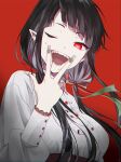  1girl black_hair blood blood_from_mouth blood_on_clothes blood_on_face blunt_bangs breasts fangs fingernails hair_ribbon long_fingernails long_hair long_sleeves looking_at_viewer lotus_toyao low_twintails medium_breasts one_eye_closed open_mouth original pointy_ears puffy_long_sleeves puffy_sleeves red_background red_eyes ribbon sleeve_cuffs slit_pupils smile solo twintails upper_body v_over_mouth vampire w 