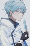  1boy bandaged_arm bandages black_gloves blue_eyes blue_hair chinese_clothes chongyun_(genshin_impact) cjsdh1000 closed_mouth fingerless_gloves food genshin_impact gloves grey_background hood hood_down light_blue_hair looking_at_viewer male_focus popsicle simple_background solo upper_body 