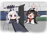  2girls bars bed blue_archive chibi coat coat_on_shoulders crying demon_girl demon_horns fried_bocky hair_intakes halo highres hina_(blue_archive) horns in_cell kasumi_(blue_archive) lab_coat long_hair multiple_girls multiple_horns off_shoulder open_mouth parted_bangs prison prison_cell purple_eyes red_shirt shirt sleeves_past_fingers sleeves_past_wrists tears white_coat white_hair 