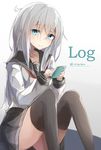  aqua_eyes bangs black_legwear black_skirt cellphone closed_mouth collarbone commentary_request eyebrows_visible_through_hair gradient gradient_background grey_hair hair_between_eyes hibiki_(kantai_collection) highres holding holding_phone kantai_collection knees_up long_hair miyabino_(miyabi1616) neckerchief phone pleated_skirt red_neckwear school_uniform serafuku sitting sketch skirt smartphone smile solo thighhighs twitter_username white_background 