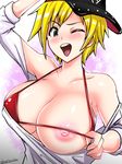  alice_(fatal_fury) bare_shoulders baseball_cap blonde_hair breasts cleavage collarbone green_eyes hat highres large_breasts nipples okyou one_eye_closed shiny shiny_skin solo the_king_of_fighters twitter_username 