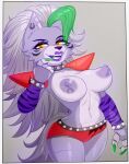 2023 5_fingers absurd_res animatronic anthro areola arm_warmers armor armwear big_breasts bottomwear breasts canid canine canis claws clothed clothing collar colored digital_media_(artwork) ear_piercing ear_ring female finger_claws fingers five_nights_at_freddy&#039;s five_nights_at_freddy&#039;s:_security_breach fur green_claws green_hair grey_body grey_fur grey_hair hair hi_res hotpants lips lipstick long_hair looking_at_viewer machine makeup mammal navel nipples open_mouth open_smile pauldron piercing purple_areola purple_lips purple_lipstick purple_nipples ring_piercing robot roxanne_wolf_(fnaf) scottgames shorts simple_background small_waist smile solo spiked_collar spiked_waistband spiked_wristband spikes standing steel_wool_studios tail teeth tongue topless wide_hips wolf wristband yellow_eyes zexlynk