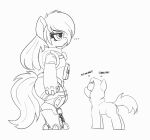 ambiguous_gender armor dialogue duo earth_pony english_text equid equine eyebrows eyelashes female feral hair hasbro hooves horse larger_female mammal monochrome my_little_pony pabbley pony quadruped semi-anthro simple_background size_difference smaller_ambiguous tail text white_background