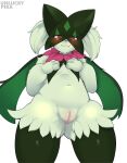 2024 3_fingers :3 anthro artist_name biped black_eyelashes blush bodily_fluids body_blush breasts claws covered_breasts cute_fangs digital_media_(artwork) eyelashes female fingers front_view fur generation_9_pokemon genital_fluids genitals green_body green_fur hand_on_chest hi_res looking_at_viewer meowscarada navel nintendo nude pink_nose pokemon pokemon_(species) pupils pussy pussy_blush red_eyes simple_background small_breasts smile solo standing tuft unluckypika21 vaginal_fluids white_background