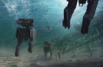  3others bubble edouard_groult fish highres mecha motion_blur multiple_others original robot sand science_fiction scuba shadow swimming underwater walker_(robot) 
