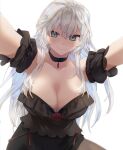  1girl black_choker black_dress blue_eyes breasts character_request choker cleavage closed_mouth detached_sleeves dress gg_dal huge_breasts long_hair looking_at_viewer mabinogi short_sleeves simple_background smile solo white_background white_hair 