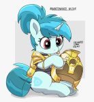 anthro armor blue_body blue_hair blue_tail clothed clothing cutie_mark equid equine eyelashes female hair hasbro headgear helmet hi_res hooves horn mammal my_little_pony mythological_creature mythological_equine mythology pabbley quadruped red_eyes sitting solo tail tongue tongue_out unicorn unicorn_horn