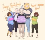 3_toes 5_fingers absurd_res anthro asgore_dreemurr asriel_dreemurr barefoot beard big_breasts birthday blonde_hair blue_eyes boss_monster_(undertale) bottomwear bovid breasts brown_hair cake caprine chara_(undertale) choker cleavage clothed clothing cumbread denim denim_bottomwear denim_clothing dessert english_text eyebrow_through_hair eyebrows eyes_closed facial_hair feet female fingers food footwear frisk_(undertale) fur gesture group hair hand_gesture hi_res horn huge_breasts human jacket jeans jewelry knife male mammal mature_anthro mature_female mature_male narrowed_eyes necklace open_mouth pants sandals shirt slightly_chubby standing sweater t-shirt text thick_thighs toes tongue topwear toriel translucent translucent_hair undertale undertale_(series) v_sign white_body white_fur