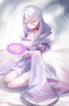  1girl :o absurdres bad_link choker closed_eyes closed_mouth dress highres ka kumo_desu_ga_nani_ka? long_hair magic magic_circle on_bed open_mouth shiraori sitting solo very_long_hair white_dress white_hair 