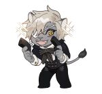  1boy :d animal_ears black_bow black_bowtie black_capelet black_pants black_vest blonde_hair bow bowtie capelet chibi colored_skin dual_wielding fangs final_fantasy final_fantasy_xiv furry furry_male gg_dal grey_skin gun handgun holding holding_gun holding_weapon hrothgar lion_ears lion_tail male_focus pants simple_background smile solo tail vest warrior_of_light_(ff14) weapon white_background 