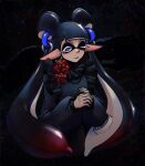  1girl artist_name black_dress black_hair blue_eyes blue_lips commentary dress flower frilled_dress frills highres hojinxs inkling jessika_(splatoon) long_hair long_pointy_ears long_sleeves looking_at_viewer one_eye_closed pointy_ears red_flower shadow solo sparkle splatoon_(series) splatoon_3 suction_cups tentacle_hair upper_body very_long_hair 