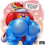 anthro avian backsack balls bird bodily_fluids butt chubby_cheeks clothing el_booki genitals hi_res king_dedede kirby_(series) looking_at_viewer looking_back male musk musk_clouds musky_butt nintendo overweight overweight_male penguin presenting presenting_hindquarters robe solo speech_bubble sweat sweatdrop sweaty_butt text thong underwear