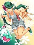  apron armpits bad_id bad_pixiv_id bangs bare_shoulders blue_eyes bounsweet breasts collarbone dark_skin flower full_body gen_7_pokemon green_hair hair_flower hair_ornament happy holding kamura_poke ladle legs long_hair mao_(pokemon) medium_breasts open_mouth pink_shirt poke_ball pokemon pokemon_(creature) pokemon_(game) pokemon_sm reaching_out shirt shoes sleeveless sleeveless_shirt solo swept_bangs teeth thighs twintails 