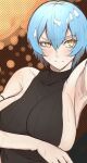  1girl absurdres angela_(project_moon) armpit_crease armpits bare_shoulders blue_hair breast_lift breasts highres large_breasts library_of_ruina lobotomy_corporation nb8c project_moon raised_eyebrow short_hair sideboob slit_pupils solo sweatdrop yellow_eyes 