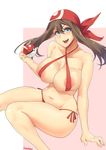  areola_slip areolae artist_name bikini blue_eyes breasts brown_hair cleavage gloves haruka_(pokemon) highres holding holding_poke_ball large_breasts long_hair looking_at_viewer multicolored multicolored_clothes multicolored_gloves poke_ball poke_ball_(generic) pokemon pokemon_(game) pokemon_rse red_bikini smile solo stormcow swimsuit thighs 