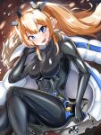  1girl absurdres armored_bodysuit bandaid bandaid_on_cheek bandaid_on_face black_bodysuit blonde_hair blue_eyes bodysuit breasts fang goddess_of_victory:_nikke highres laplace_(nikke) long_hair looking_at_viewer medium_breasts open_mouth sidelocks skin_tight solo timosan twintails 