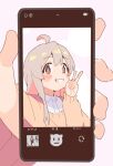  1girl absurdres ahoge blush brown_eyes cellphone commentary female_pov grey_hair grin highres holding holding_phone hozuki_momiji karubi_(karubi465558) long_hair long_sleeves looking_at_viewer multicolored_hair onii-chan_wa_oshimai! oyama_mahiro phone photo-referenced pink_hair pov pov_hands selfie shirt sidelocks simple_background smartphone smile solo sweater two-tone_hair v white_shirt wing_collar yellow_sweater 