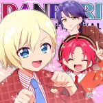  3boys :d ^_^ blonde_hair blue_eyes blue_hair blue_necktie brown_jacket chii_(chi_pppuri) clenched_hands closed_eyes closed_mouth collared_shirt commentary_request facing_viewer fang hand_on_own_chin hand_up hands_up idol_time_pripara jacket long_sleeves looking_at_viewer male_focus mitaka_asahi multiple_boys necktie open_mouth pretty_series pripara purple_hair red_hair red_necktie shirt short_hair smile striped_clothes striped_shirt takase_koyoi upper_body v white_shirt yellow_eyes yumekawa_shogo 