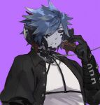  1boy :t au_ra black_gloves black_jacket blue_hair candy chain chocolate chocolate_bar colored_sclera colored_skin eating final_fantasy final_fantasy_xiv food gg_dal gloves grey_sclera grey_skin hair_over_one_eye highres horn_ornament horn_ring horns jacket looking_at_viewer monster_boy open_clothes open_jacket purple_background purple_eyes ringed_eyes shirt simple_background upper_body warrior_of_light_(ff14) white_shirt 