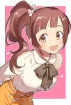  1girl arms_behind_back black_bow black_bowtie blush border bow bowtie breasts brown_eyes brown_hair dot_nose hair_bow hair_ribbon heart idolmaster idolmaster_cinderella_girls idolmaster_cinderella_girls_starlight_stage igarashi_kyoko leaning_forward long_hair long_sleeves looking_at_viewer medium_breasts open_mouth outside_border pink_background pink_bow pink_ribbon ribbon shirt side_ponytail simple_background skirt smile solo upper_body waist_bow white_border white_shirt yellow_skirt yunion_(sibujya) 
