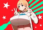  1girl blonde_hair breasts collared_shirt cum cum_on_hair double_v ejaculation erect_nipples facial hairclip highres huge_breasts long_sleeves looking_at_viewer narusawa_ryouka occultic;nine penis puffy_nipples short_hair simple_background solo standing stars tetrodotoxin upper_body v yellow_eyes 