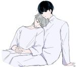  2boys alien_stage arm_support black_eyes black_hair blunt_bangs closed_mouth drooling grey_hair highres ivan_(alien_stage) kyon_(zmwh8222) leaning_on_person looking_at_viewer male_focus multiple_boys short_hair sitting sketch sleeping till_(alien_stage) upper_body white_background white_uniform yaoi 