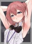  1girl armpits arms_behind_head asta_(honkai:_star_rail) black_bow black_bowtie blue_eyes blush border bow bowtie breasts center_frills dot_nose frilled_shirt frills grey_background grey_border hair_between_eyes heart heart-shaped_pupils highres honkai:_star_rail honkai_(series) id_card lanyard long_hair looking_at_viewer nike55 open_mouth outside_border red_hair shirt sidelocks simple_background sleeveless sleeveless_shirt small_breasts solo symbol-shaped_pupils upper_body white_shirt 