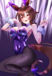  1girl agnes_tachyon_(umamusume) animal_ears black_pantyhose bow bowtie breasts brown_hair cowboy_shot detached_collar high_heels horse_ears horse_girl horse_tail kisaragi_shokuin leotard medium_breasts open_mouth pantyhose playboy_bunny purple_bow purple_bowtie purple_footwear purple_leotard rabbit_ears red_eyes short_hair solo strapless strapless_leotard tail umamusume wrist_cuffs 