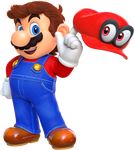  blue_eyes brown_footwear brown_hair cappy_(mario) facial_hair full_body hat highres mario mario_(series) mustache official_art overalls red_hat shoes super_mario_bros. super_mario_odyssey transparent_background 