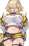  1girl arm_guards belt blonde_hair blush breasts clothing_cutout crop_top crop_top_overhang cropped_sweater elegg_(nikke) gloves goddess_of_victory:_nikke grey_shorts hair_intakes hair_over_eyes highres large_breasts long_bangs long_sleeves micro_shorts midriff mitsurugi_sugar navel open_mouth plump purple_eyes shorts shoulder_cutout smile solo sweater thighs white_sweater 