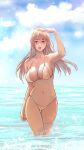  1girl ahoge aino_(acilealaulica) bikini blue_sky breasts brown_eyes cloud day grey_hair horizon large_breasts long_hair ocean open_mouth original outdoors shading_eyes sky solo swimsuit thigh_gap wading water white_bikini 