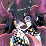  1boy brown_background checkered_clothes checkered_scarf d: danganronpa_(series) danganronpa_v3:_killing_harmony hair_between_eyes jacket kuchi_~ie long_sleeves oma_kokichi scared scarf simple_background solo sweat tentacles 