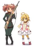  blonde_hair blue_eyes cosplay costume_switch crossover gun kaname_madoka kaname_madoka_(cosplay) magical_girl mahou_shoujo_madoka_magica military military_uniform multiple_girls onomekaman pink_eyes pink_hair rifle seiyuu_connection short_hair tanya_degurechaff tanya_degurechaff_(cosplay) twintails uniform weapon youjo_senki yuuki_aoi 