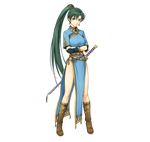  bare_legs breasts crossed_arms dress fire_emblem fire_emblem:_rekka_no_ken fire_emblem_heroes full_body green_eyes green_hair highres leg_up long_hair long_ponytail lyndis_(fire_emblem) medium_breasts official_art pelvic_curtain side_slit solo sword transparent_background very_long_hair weapon yamada_koutarou 
