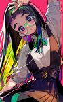  1girl :o arm_up black_hair black_skirt blonde_hair blue_eyes blush glasses green-framed_eyewear green_hair green_ribbon heterochromia highres long_hair looking_at_viewer multicolored_hair neck_ribbon onono_imoko original pink_eyes pink_hair purple_hair red_background ribbon shirt simple_background skirt solo white_shirt 