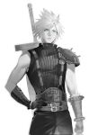  1boy armor belt buster_sword cloud_strife cowboy_shot elbow_gloves final_fantasy final_fantasy_vii final_fantasy_vii_remake gloves greyscale hand_on_own_hip highres monochrome multiple_belts pants pauldrons shoulder_armor simple_background single_pauldron sleeveless sleeveless_turtleneck solo spiked_hair spot_color standing sweater turtleneck turtleneck_sweater white_background xianyu314 