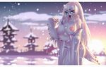  anthro areola avian beak big_breasts bird blue_eyes breasts clothed clothing erect_nipples feathers female ghostli hair long_hair mostly_nude nipples owl snow snowy_owl solo topless 