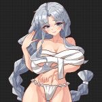  1girl black_background blue_eyes blush braid braided_ponytail breasts chest_sarashi cleavage closed_mouth commentary eaglov fundoshi grey_hair highres huge_breasts japanese_clothes long_hair looking_at_viewer pixel_art sarashi simple_background smile touhou two-tone_dress variant_set very_long_hair yagokoro_eirin 