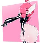 anthro armwear big_butt blush bulge butt clothing elbow_gloves gardevoir generation_3_pokemon geometric_background girly gloves hair hair_over_eye handwear hi_res huge_butt latex latex_clothing legwear leotard looking_at_viewer male nintendo one_eye_obstructed pink_(frowntown) pink_hair pokemon pokemon_(species) simple_background solo source_request thick_thighs thigh_highs unknown_artist