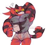 2023 abs absurd_res anthro boxer_briefs boxer_briefs_only clothed clothing fur generation_7_pokemon grey_body grey_fur groggy hi_res hpyononyo incineroar male mug muscular muscular_anthro muscular_male nintendo nipples pecs pokemon pokemon_(species) red_body red_fur solo topless underwear underwear_only