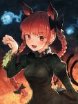  1girl :d animal_ear_fluff animal_ears black_bow bow braid cat_day cat_ears cat_tail dress extra_ears fire ghost green_dress highres hitodama kaenbyou_rin lava looking_at_viewer multiple_tails open_mouth paw_pose ponpochi puffy_sleeves red_eyes red_hair skull smile sparks tail touhou twin_braids two_tails 