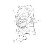  1girl armor blush closed_mouth doll fang greyscale gwen_(league_of_legends) heart highres holding holding_doll hug hugging_doll hugging_object league_of_legends long_hair monochrome pants pointy_ears poppy_(league_of_legends) shoes smile twintails xayahsona_27 