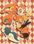  argyle_background charmander chimchar cyndaquil gg_dal hug no_humans pokemon pokemon_(creature) tepig torchic 