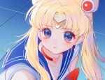 1girl bare_shoulders bishoujo_senshi_sailor_moon blonde_hair blue_background blue_eyes blue_sailor_collar bow bowtie breasts chinese_commentary choker circlet cleavage collared_shirt commentary_request crescent crescent_earrings dangle_earrings derivative_work double_bun earrings eyelashes furrowed_brow hair_bun hair_ornament heart heart_choker heart_in_eye jewelry light_blush long_hair looking_ahead magical_girl meme parted_lips red_bow red_bowtie red_choker red_lips sailor_collar sailor_moon sailor_moon_redraw_challenge_(meme) sailor_shirt screencap_redraw shirt solo symbol_in_eye tile_floor tiles twintails upper_body white_shirt yanyan_(weibo_5865701740) 